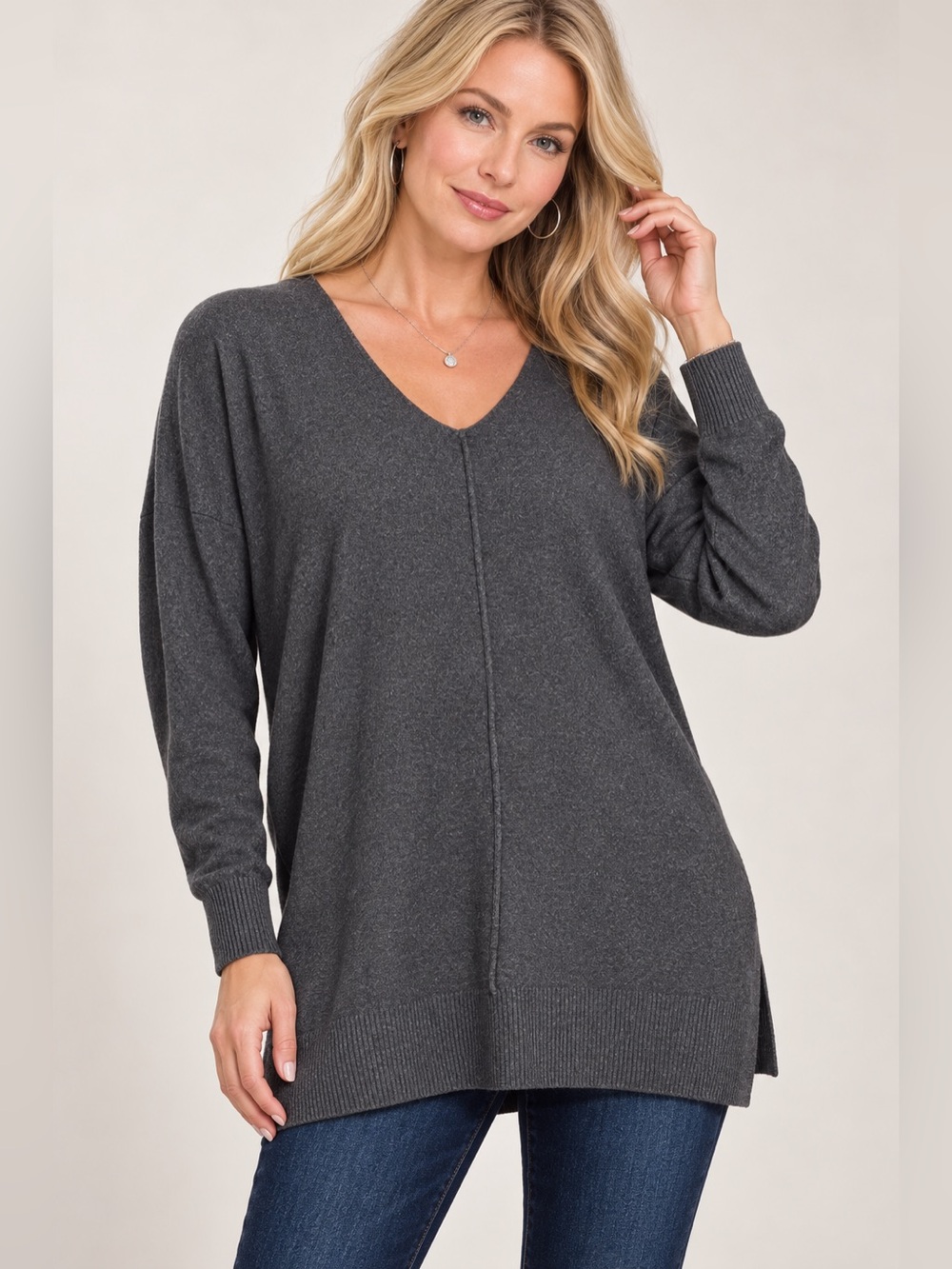 Charcoal V-Neck Front-Seam Relaxed-Fit Sweater